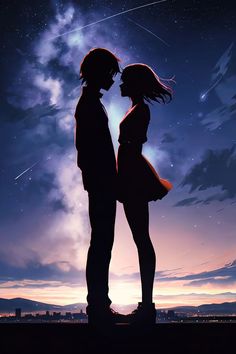 two people standing next to each other in front of a sky with stars and clouds