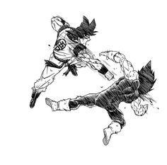 an ink drawing of two people in the air, one kicking another with his foot