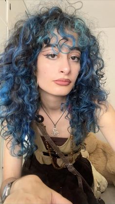 Blue hair🧚🏻‍♂️ Curly Blue Highlights, Black And Blue Curly Hair, Blue And Brown Hair Ideas, Blue Calico Hair, Hair Dye On Curly Hair, Hair Dye Inspo Curly Hair, Hair Dye Ideas Curly, Partly Dyed Hair, Light Blue Curly Hair