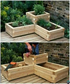 three different views of wooden planters with plants growing in them