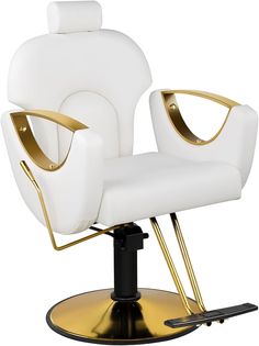 a white chair with gold accents on it