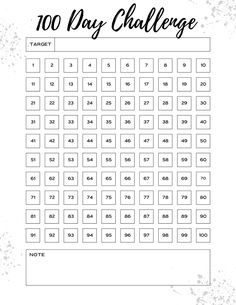 the printable 100 day challenge is shown in black and white, with numbers on it