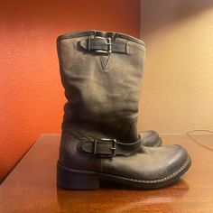 Worn Once, Size 6.5/7 Us, 37 Eu. Shoes Have Buckle Around Outside Of Each Shoe At Ankle And Top Of Shoe For Decoration. Shoes Are Sturdy And Distressed Looking With Stitching Around Base. Super Cute Cowboy Look! Leather Buckle, Moto Boots, Steve Madden Shoes, Green And Brown, Italian Leather, Cowboy Boots, Steve Madden, Cowboy, Stitching