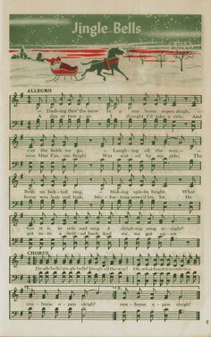 an old sheet with music notes and santa's sleigh