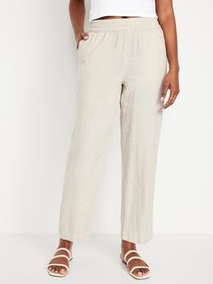 High-Waisted Linen-Blend Straight Pants | Old Navy White Linen Pants Outfit, Navy Linen Pants, Linen Pants Outfit, White Linen Pants, Pixie Pants, Linen Blend Pants, Printed Summer Dresses, Colored Pants, Old Navy Women