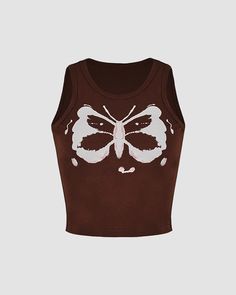 Details: Brown tank top with butterfly printLength: CroppedSleeve Length: SleevelessMaterials: 95% Cotton + 5% Spandex Cat Brown, Pastel Goth Aesthetic, Vintage Crew Neck, Butterfly Tank Top, Brown Butterfly, Brown Tank Top, Butterfly Vintage, Top Cat, Goth Aesthetic