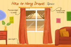 an illustration shows how to hang drapes in the living room or dining room window