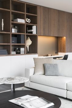 a living room filled with furniture and bookshelves