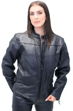 Cheap leather jacket for women on sale with not-so-cheap features including venting, zip out lining and more. This sale priced women's leather jacket is a form fitting ladies riding jacket in a heavy cowhide split leather. A genuine leather jacket that is designed nicely with a wide horizontal stripe, elastic stretch at waist for a more fitted look, bi-swing shoulders for better reach while riding, adjustable side straps, mandarin collar, zip cuffs to keep the wind out along with front and back Fitted Moto Outerwear With Ykk Zipper, Fitted Outerwear With Zip Fly For Motorcycling, Fitted Leather Jacket With Zip Fly For Motorcycling, Fitted Biker Jacket With Ykk Zipper For Motorcycling, Fitted Black Riding Outerwear, Classic Fall Riding Outerwear, Black Riding Outerwear, Black Long Sleeve Riding Outerwear, Black Long Sleeve Outerwear For Riding