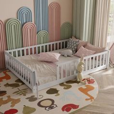 a child's bedroom with pink and green walls