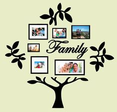 a family tree with pictures on it and the words family written in large black letters