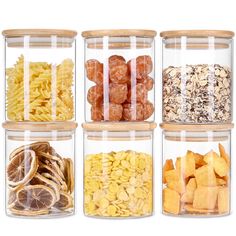 four glass containers filled with different types of food