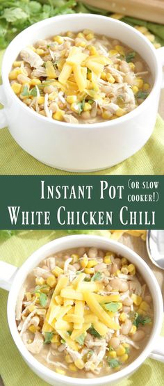 instant pot white chicken chili recipe with corn and cheese in the soup is ready to be eaten