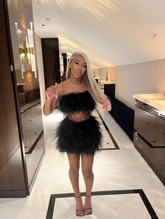 Feather Two Piece Set, 2 Piece Birthday Outfit Set, Fluffy Tube Top Outfit, 18th Birthday Ideas Outfits, Birthday 2 Piece Outfit, 17th Birthday Outfits Black Women, Birthday Outfits 18th, Fluffy Top Outfit, Birthday Two Piece Outfit