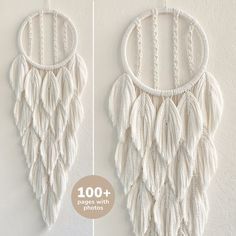 two pictures of macrame wall hangings, one in white and the other in beige