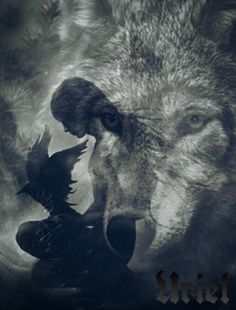 a wolf with its mouth open next to a bird and the words spell on it