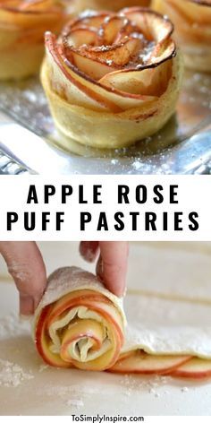 apple rose puff pastries on a baking sheet and then rolled up in the middle