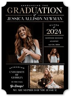 the graduation announcement is shown in black and white with an image of a woman holding her dog