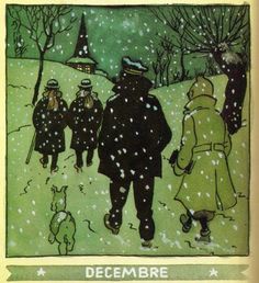 a book with an image of people walking in the snow and one man is wearing a coat