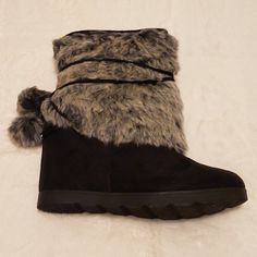 Brand New Stylish Winter Wedge Fuzzy Booties, Made By Justfab. The Material Is Micro Suede. They Will Keep Your Feet Very Warm And Looking Good At The Same Time. Winter Boots With Faux Fur Trim And Round Toe, Black Boots With Faux Fur Trim And Round Toe, Wedge Winter Boots, Black Faux Fur Boots With Round Toe, Winter Wedges, Casual Lace-up Boots With Faux Fur Trim, Just Fab Boots, Black Faux Fur Boots With Trim, Crocodile Boots