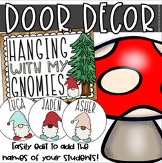 an image of a door decoration with gnomes and mushrooms on it for the classroom