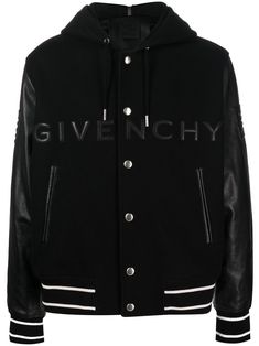 jet black calf leather-wool blend raised logo detail classic hood front press-stud fastening long sleeves two diagonal pockets to the sides Givenchy Jacket, Givenchy Logo, Designer Streetwear, Leather Sleeves, Leather Sleeve, Leather Logo, Casual Street Style, Mens Outerwear, Casual Jacket