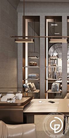 the interior of a modern office with an open bookcase and leather chairs, along with bookshelves