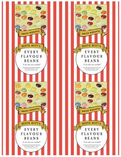 three bags of every flavor beans are shown in red and white striped paper with the words every