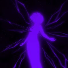 a purple fairy standing in the dark with her arms outstretched