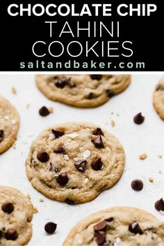 chocolate chip tahini cookies on a baking sheet with text overlay that reads, chocolate chip tahiti cookies