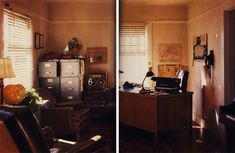 two photographs of a living room and office