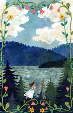 a painting of two people holding hands in front of a lake and mountains with flowers