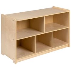 a wooden shelf with multiple compartments on each side