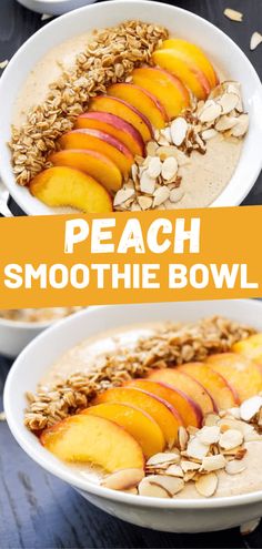 peach pie smoothie bowl with oatmeal and sliced peaches on top