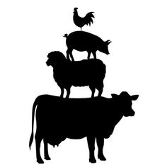 black silhouettes of farm animals and rooster on top of each other, against a white background