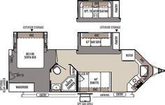 the floor plan for an rv with two beds and one living area, including a kitchen