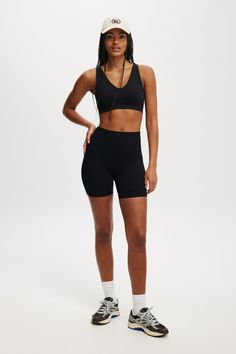 SEAMLESS RIB BIKE SHORT Black Seamless Activewear With Built-in Shorts, Black High Stretch Athletic Shorts For Yoga, Black Seamless Training Shorts, Black Stretch Activewear For Cycling, Breathable Black Biker Shorts For Yoga, Compressive Black Biker Shorts For Cycling, Black Sportswear Activewear For Cycling, Black Sportswear For Cycling, Seamless High Stretch Sports Shorts