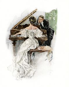 a watercolor painting of a man and woman sitting at a piano playing the piano