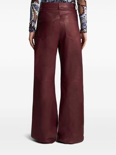 Find ETRO Wide-leg Leather Trousers on Editorialist. bordeaux red leather smooth grain belt loops mid-rise wide leg front button and zip fastening classic five pockets Curated Closet, Yoko London, City Dress, Leather Trousers, Summer Beach Wear, Ballet Flat Shoes, Lady Dior, Jacket Tops, Fall Fashion