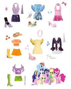 many different types of clothes and shoes on a white background with text that reads my little pony