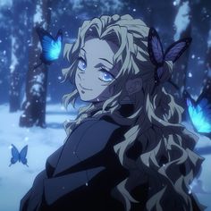 a woman with blonde hair and blue eyes standing in the snow surrounded by butterfly wings