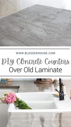 an old laminate counter top with flowers in the middle and text overlay that reads diy concrete counters over old laminate