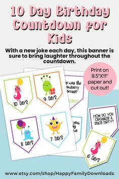 🎈🎉Kickstart your birthday celebrations with our Monster Theme 10 Day Birthday Countdown, featuring a hilarious joke every day. 🎉This instant download is perfect for creating anticipation and spreading joy. 😆Don't wait - make this a birthday to remember!🎂 Space Party, Kids' Party, Party Games