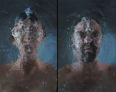 two images of a man's face in water