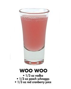 a glass filled with pink liquid next to a white background and the words woo woo on it