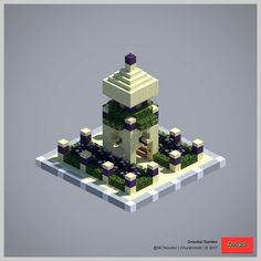 a low poly model of a tower with trees and bushes