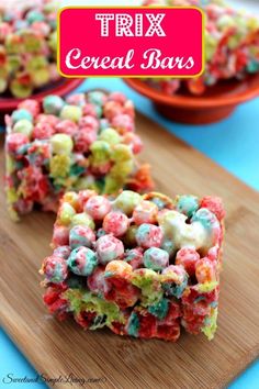 easy trix cereal bars recipe on a cutting board with the title overlay reading easy trix cereal bars recipe