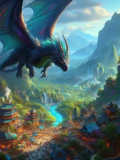 a large dragon flying over a lush green forest next to a mountain covered with trees