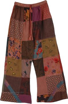 A beautiful pair of patchwork pants, perfect for the hot summers. With their enviro-friendly material and its recycled patchwork design, the comfy pants have an elastic waist with a drawstring and a pocket on either side. #tlb #SplitSkirtsPants #Patchwork #bohemianfashion #Handmade #JuniorPetite #PetiteHippiePatchworkPants Festival Brown Patchwork Bottoms, Brown Patchwork Summer Pants, Brown Patchwork Pants For Summer, Summer Brown Patchwork Pants, Brown Patchwork Long Pants, Casual Summer Pants With Floral Patchwork, Comfortable Multicolor Cotton Bottoms, Recycled Patchwork, Harem Pants Outfit