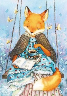 a painting of a fox sitting on a swing with a cup of coffee and book